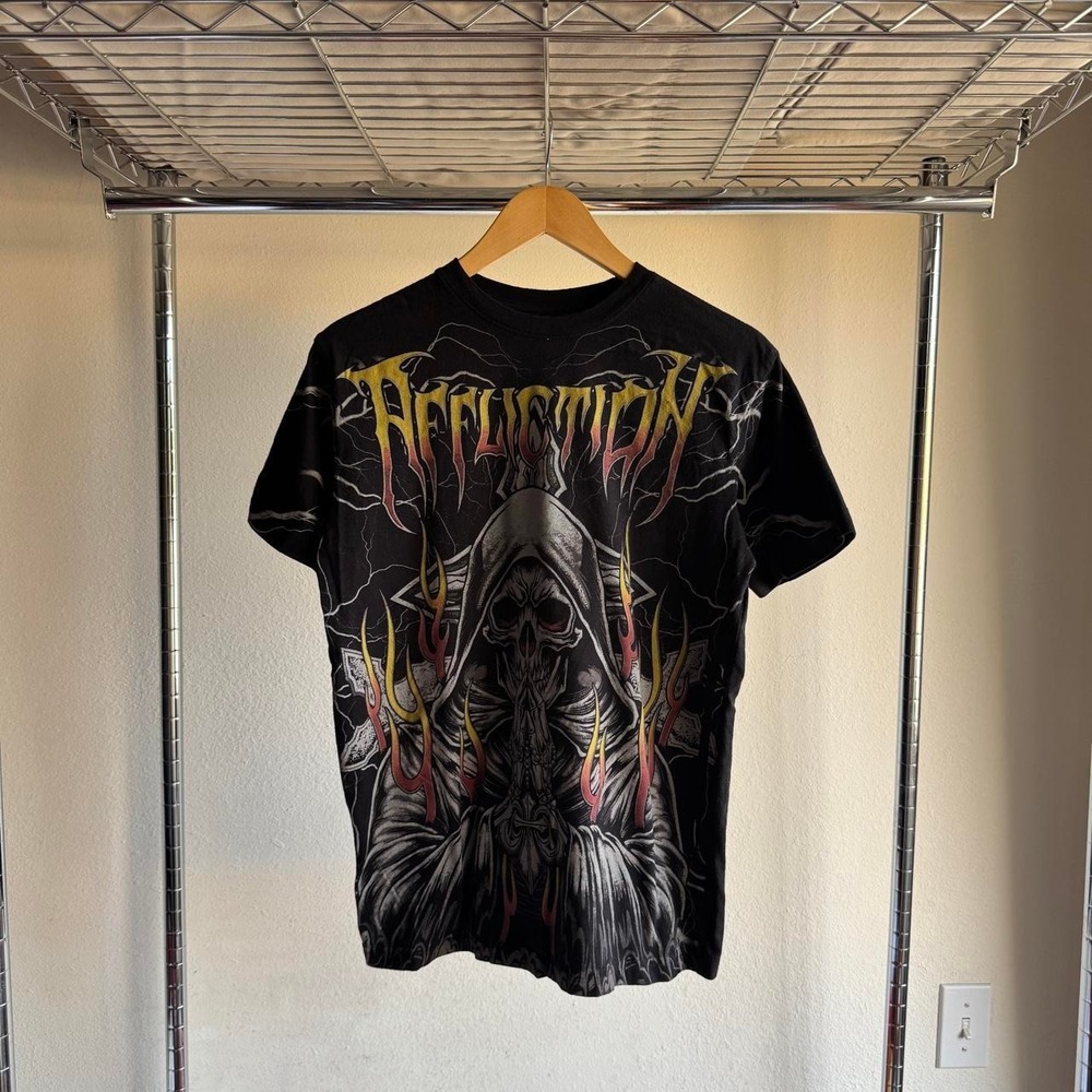 Affliction Mens Black Grim Reaper Skull Graphic T-Shirt Gothic Metal S